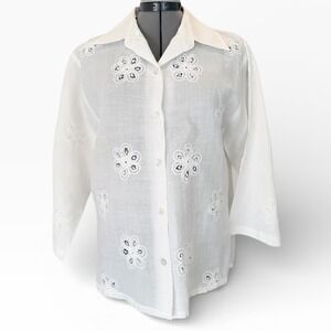 White Linen VTG Tablecloth Floral Embroidered Button Up Shirt Blouse Women's